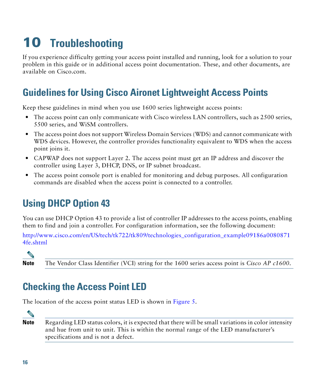 Cisco Systems AIRCAP1602IAK9, AIRCAP1602EAK9 Troubleshooting, Using Dhcp Option, Checking the Access Point LED 