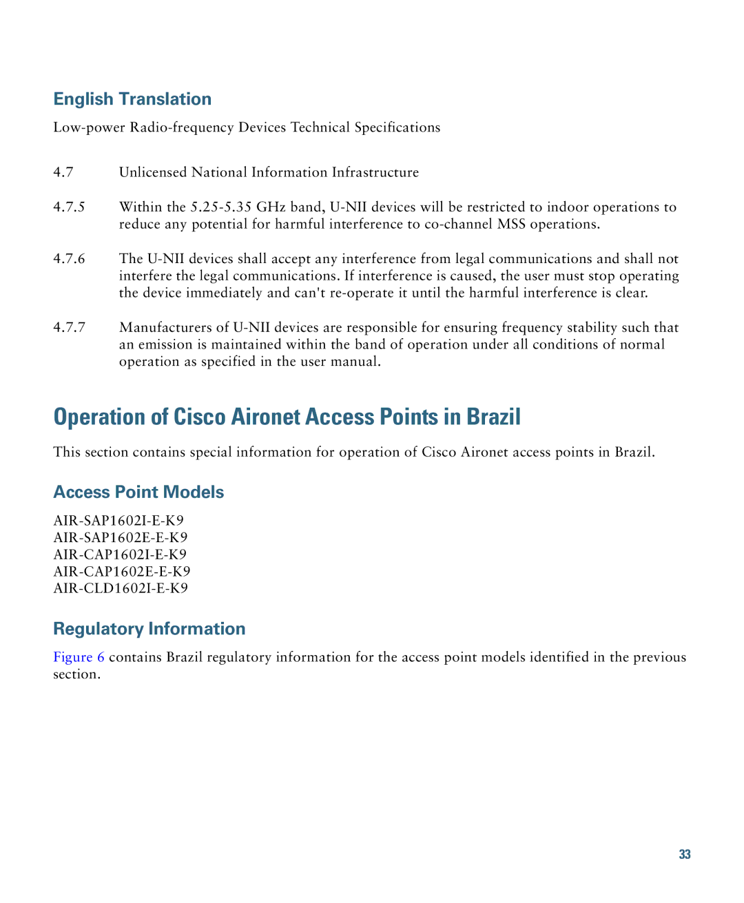 Cisco Systems AIRCAP1602EAK9, AIRCAP1602IAK9, AIRSAP1602IAK9 Operation of Cisco Aironet Access Points in Brazil 