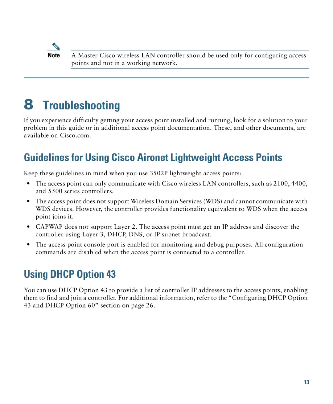 Cisco Systems AIRCAP3502EAK9 specifications Troubleshooting, Using Dhcp Option 