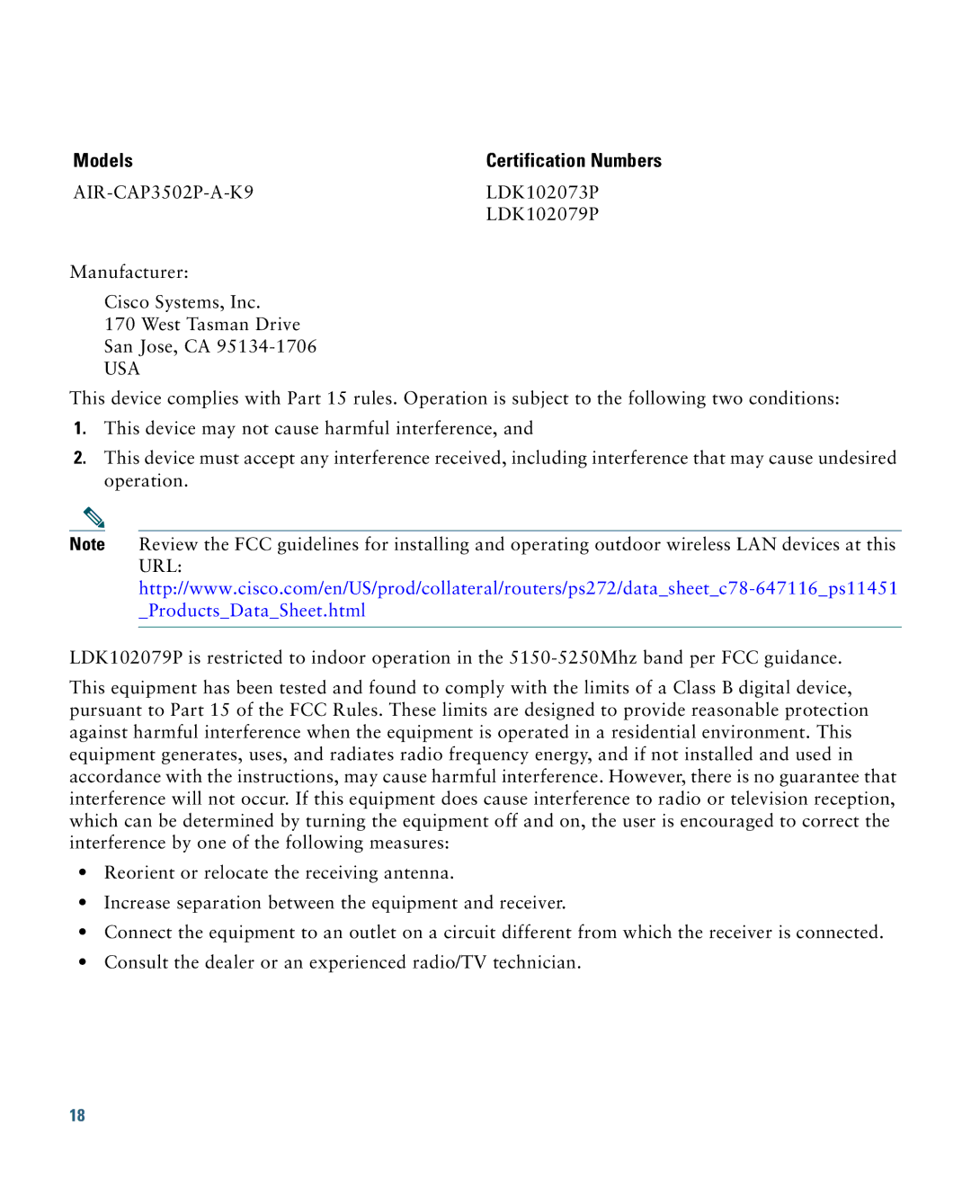 Cisco Systems AIRCAP3502EAK9 specifications Models 