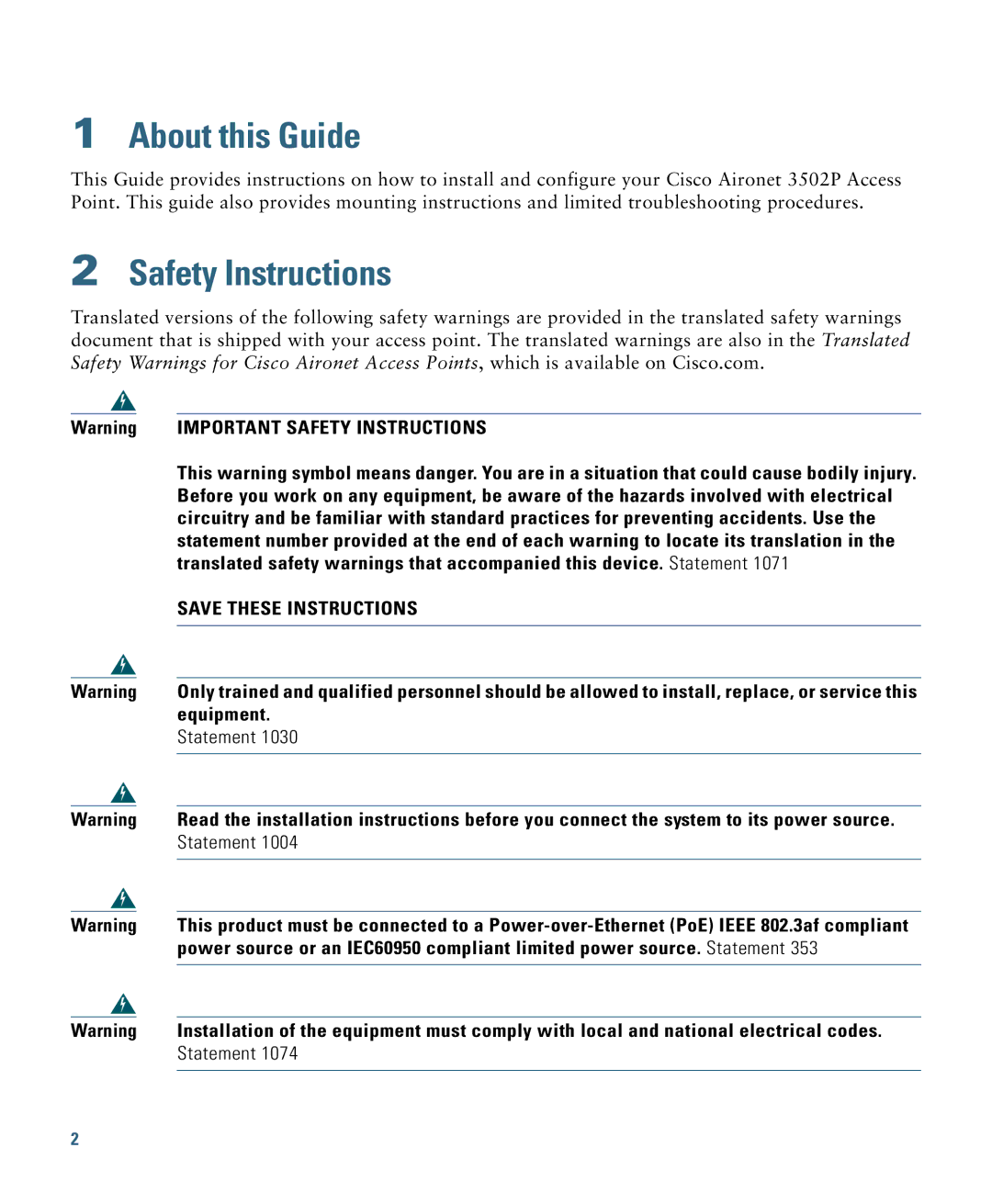 Cisco Systems AIRCAP3502EAK9 specifications About this Guide, Safety Instructions 