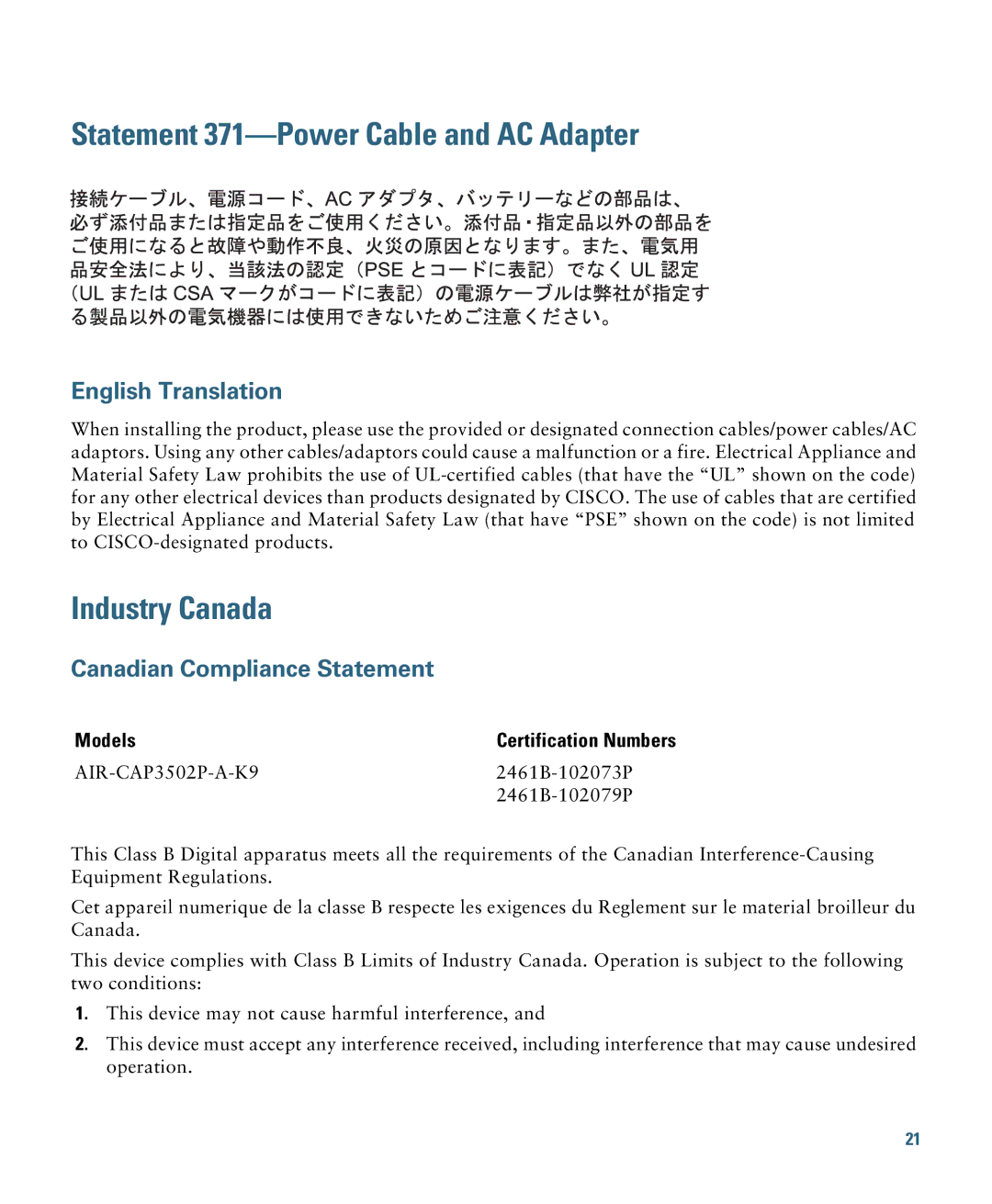 Cisco Systems AIRCAP3502EAK9 Statement 371-Power Cable and AC Adapter, Industry Canada, Canadian Compliance Statement 