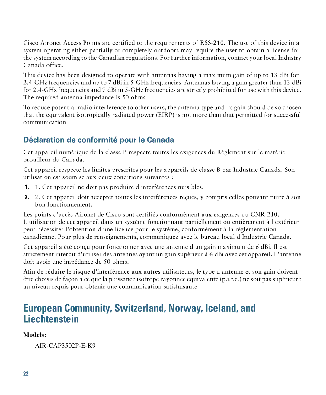 Cisco Systems AIRCAP3502EAK9 specifications Déclaration de conformité pour le Canada 