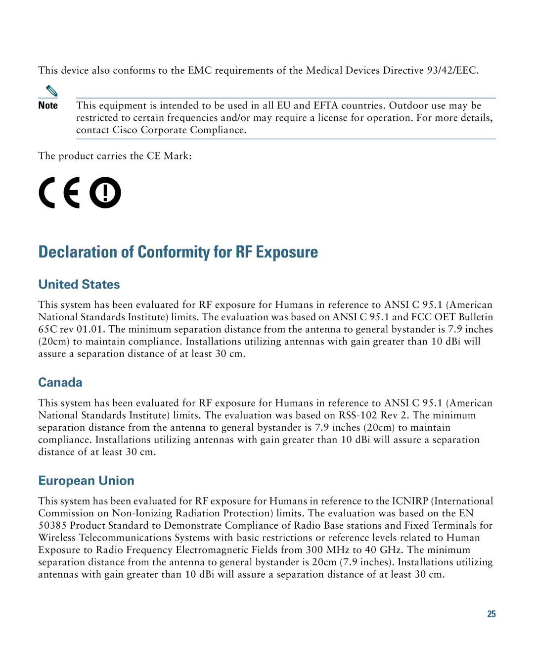 Cisco Systems AIRCAP3502EAK9 Declaration of Conformity for RF Exposure, United States, Canada, European Union 