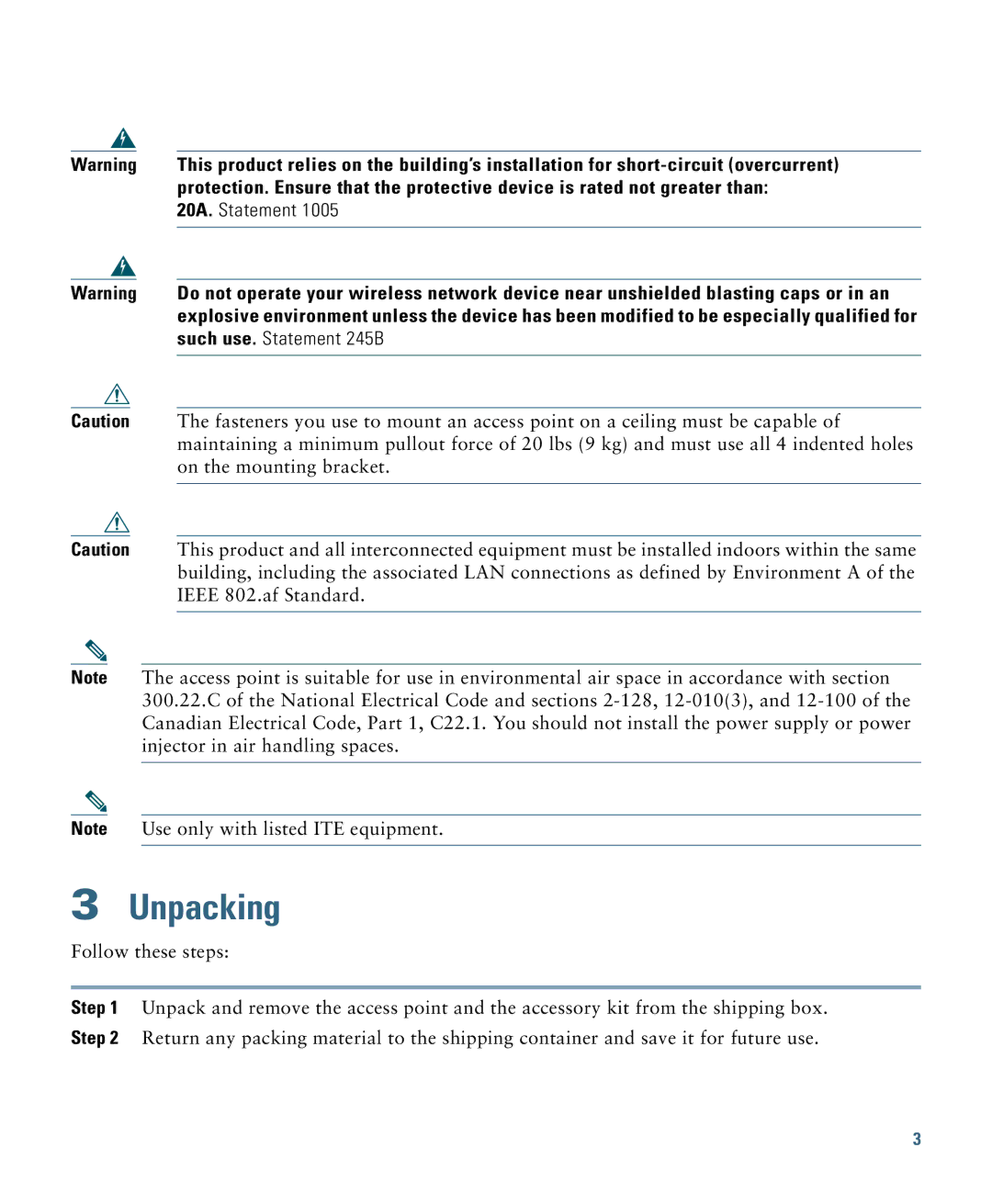 Cisco Systems AIRCAP3502EAK9 specifications Unpacking, 20A. Statement 