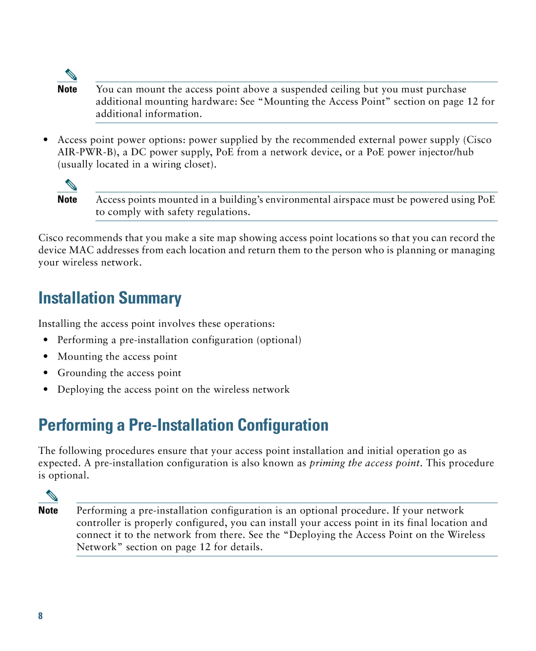 Cisco Systems AIRCAP3502EAK9 specifications Installation Summary, Performing a Pre-Installation Configuration 