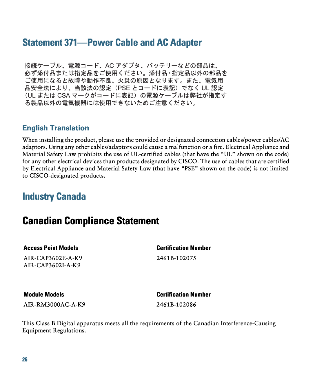 Cisco Systems AIRCAP3602EAK9 Statement 371-Power Cable and AC Adapter, Industry Canada, Canadian Compliance Statement 