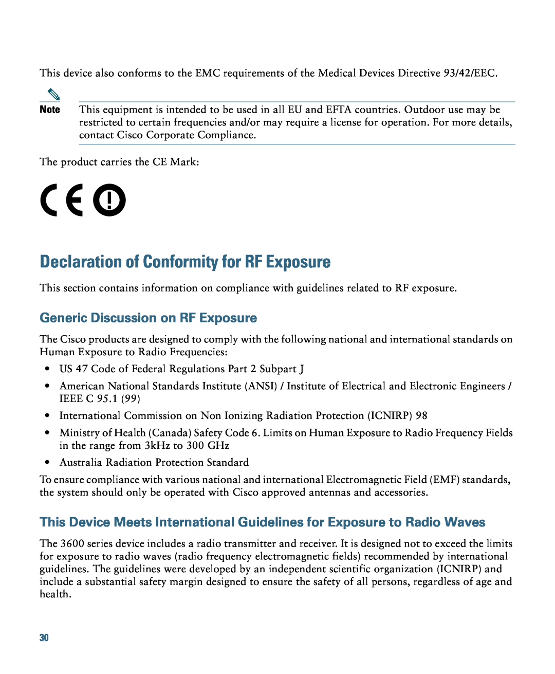 Cisco Systems AIRCAP3602EAK9, AIRCAP3602ITK9 Declaration of Conformity for RF Exposure, Generic Discussion on RF Exposure 