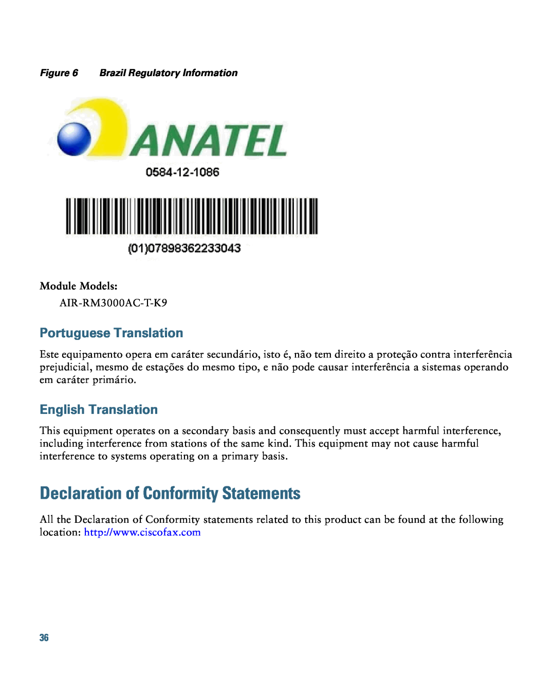 Cisco Systems AIRCAP3602ITK9 Declaration of Conformity Statements, Portuguese Translation, English Translation 