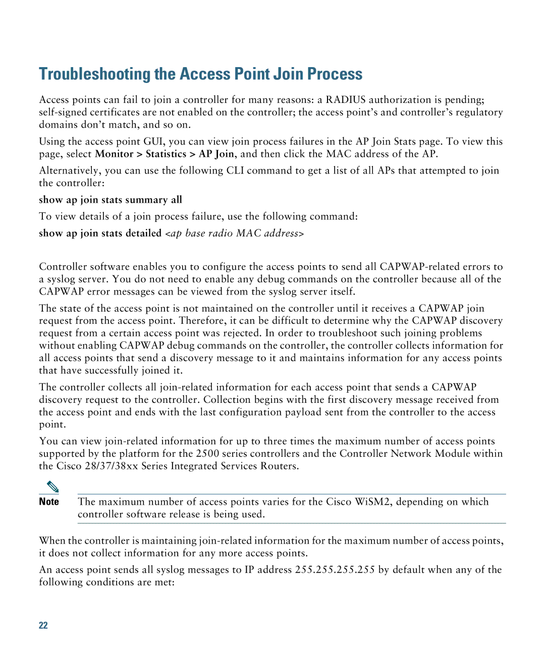 Cisco Systems AIRCAP3702IAK9 specifications Troubleshooting the Access Point Join Process 