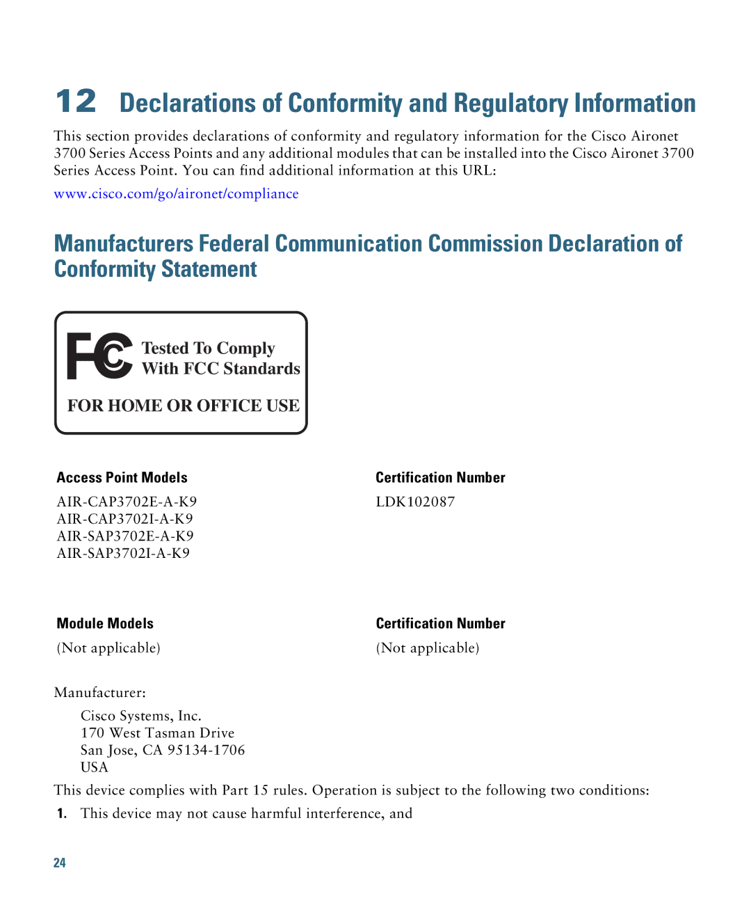 Cisco Systems AIRCAP3702IAK9 specifications Declarations of Conformity and Regulatory Information 