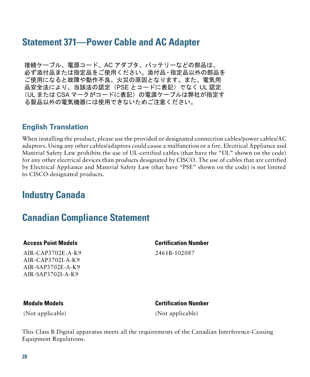 Cisco Systems AIRCAP3702IAK9 Statement 371-Power Cable and AC Adapter, Industry Canada Canadian Compliance Statement 