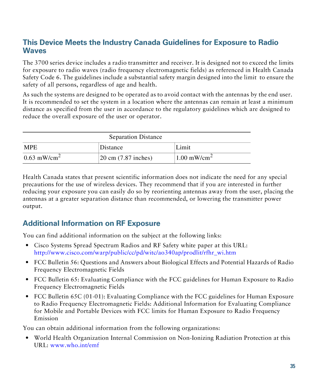 Cisco Systems AIRCAP3702IAK9 specifications Additional Information on RF Exposure 
