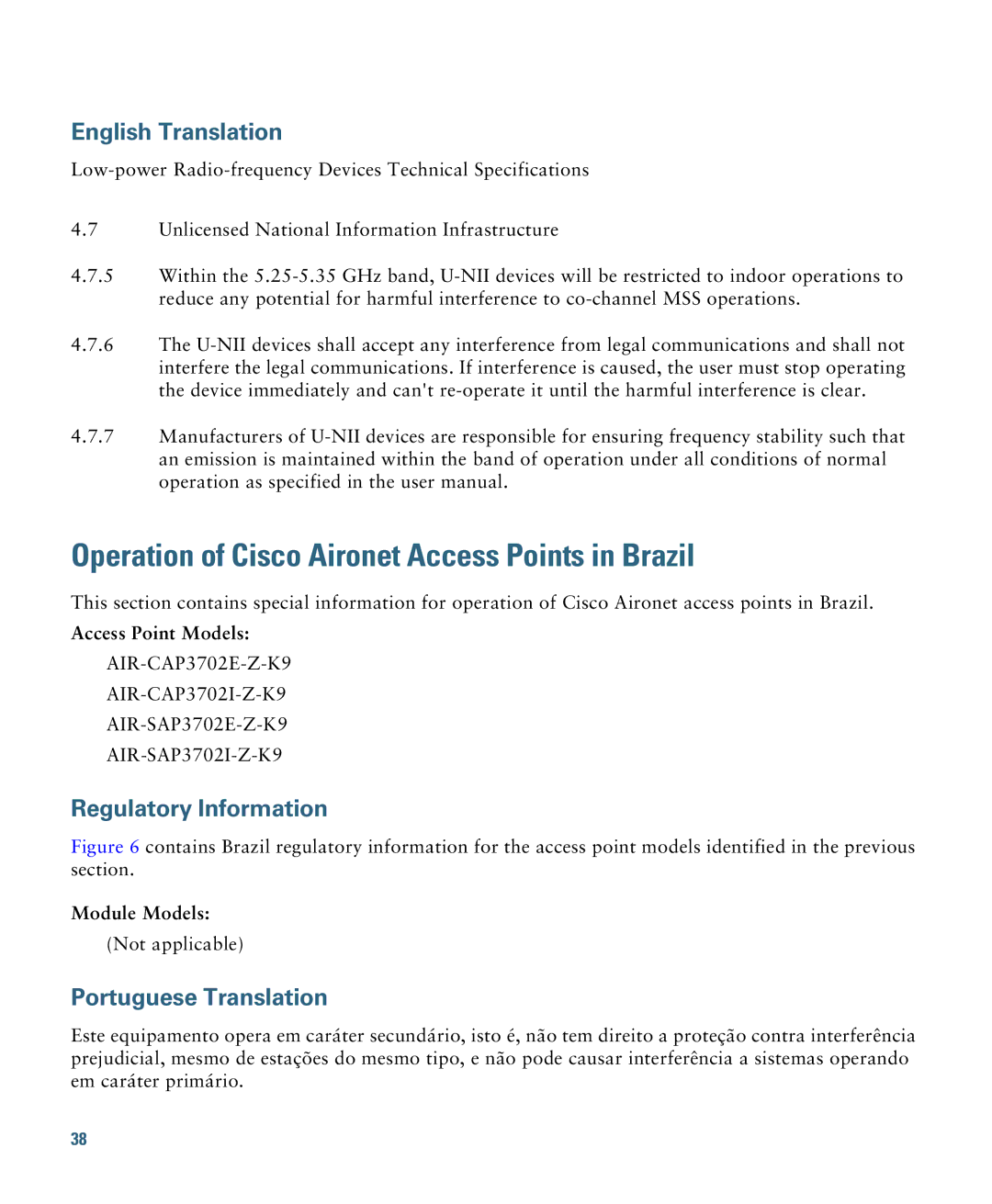 Cisco Systems AIRCAP3702IAK9 specifications Operation of Cisco Aironet Access Points in Brazil, Portuguese Translation 