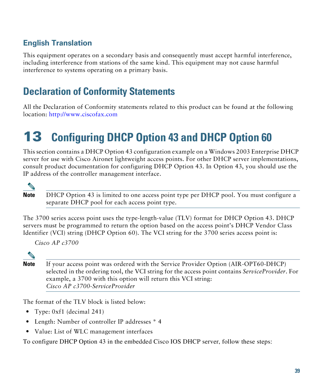 Cisco Systems AIRCAP3702IAK9 Configuring Dhcp Option 43 and Dhcp Option, Declaration of Conformity Statements 