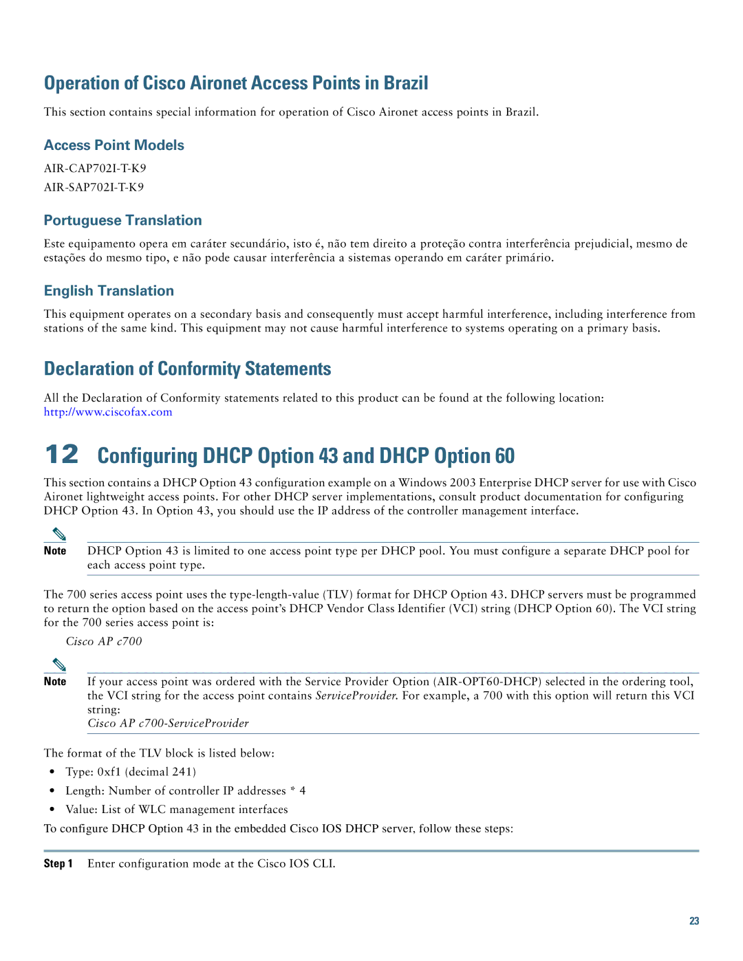 Cisco Systems AIRCAP702IAK9 Configuring Dhcp Option 43 and Dhcp Option, Operation of Cisco Aironet Access Points in Brazil 