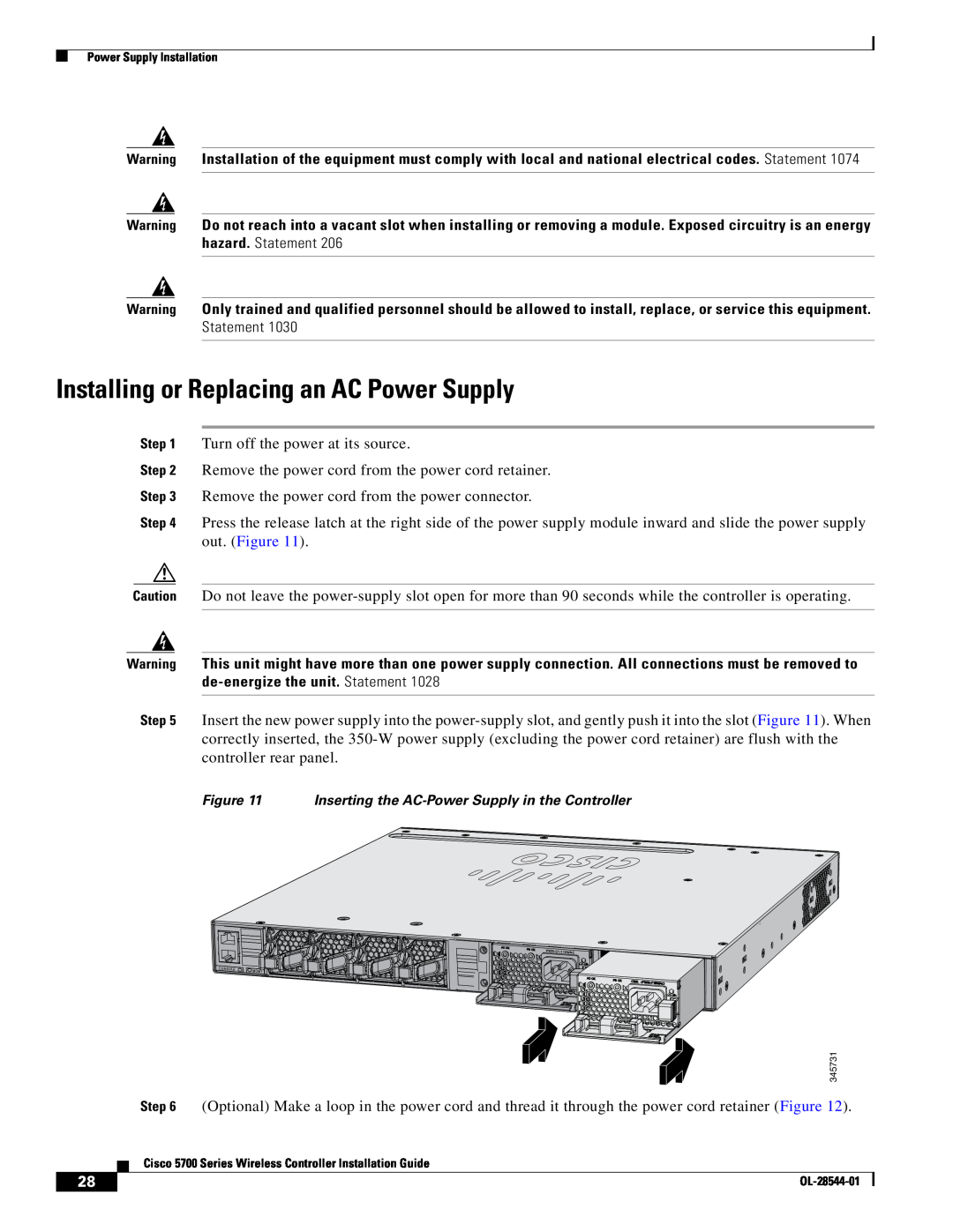 Cisco Systems AIRCT5760HAK9, AIRCT576025K9 specifications Installing or Replacing an AC Power Supply 
