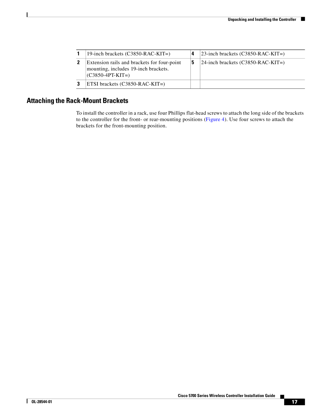 Cisco Systems AIRCT576025K9, AIRCT5760HAK9 specifications Attaching the Rack-Mount Brackets 