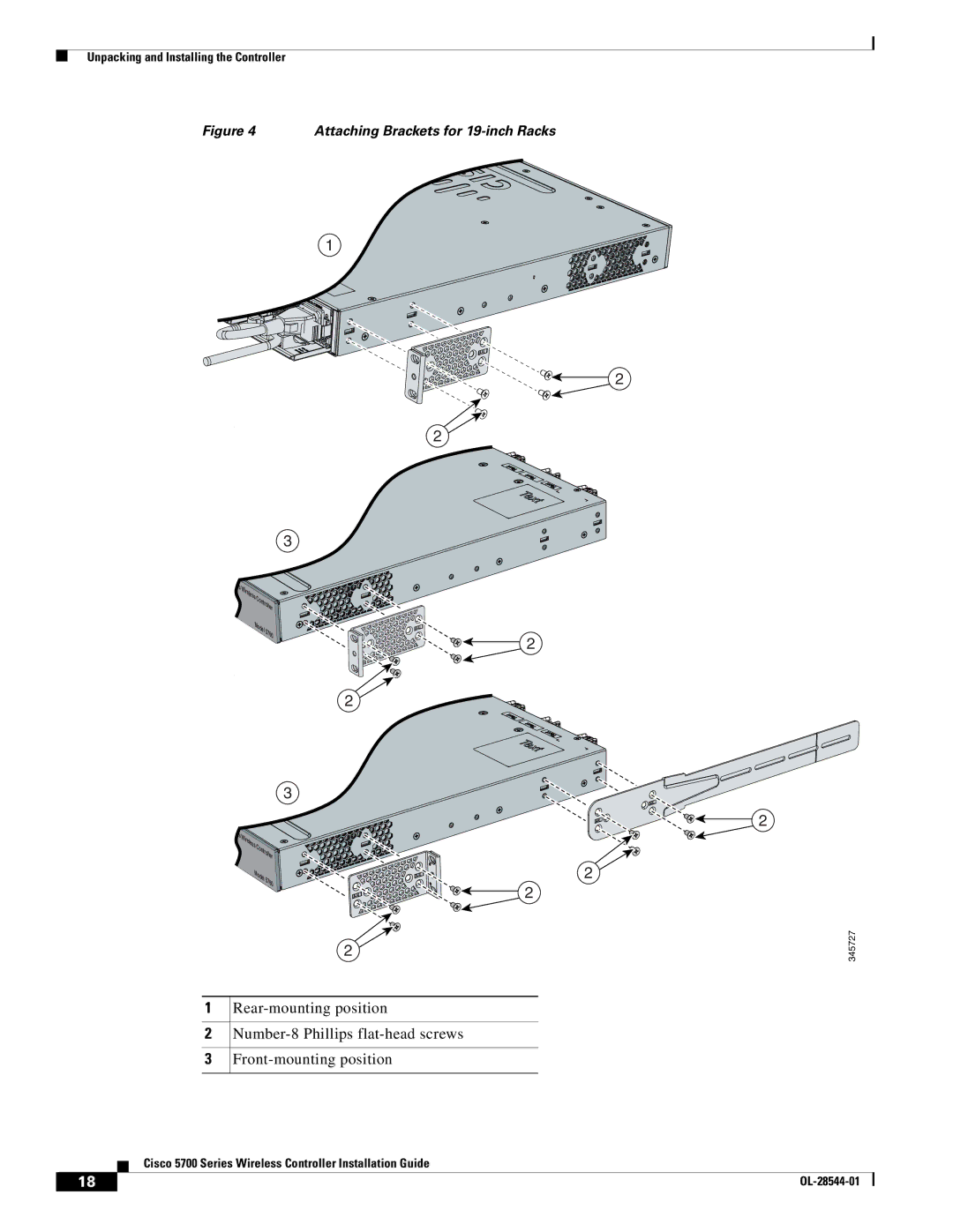 Cisco Systems AIRCT5760HAK9, AIRCT576025K9 specifications Attaching Brackets for 19-inch Racks 