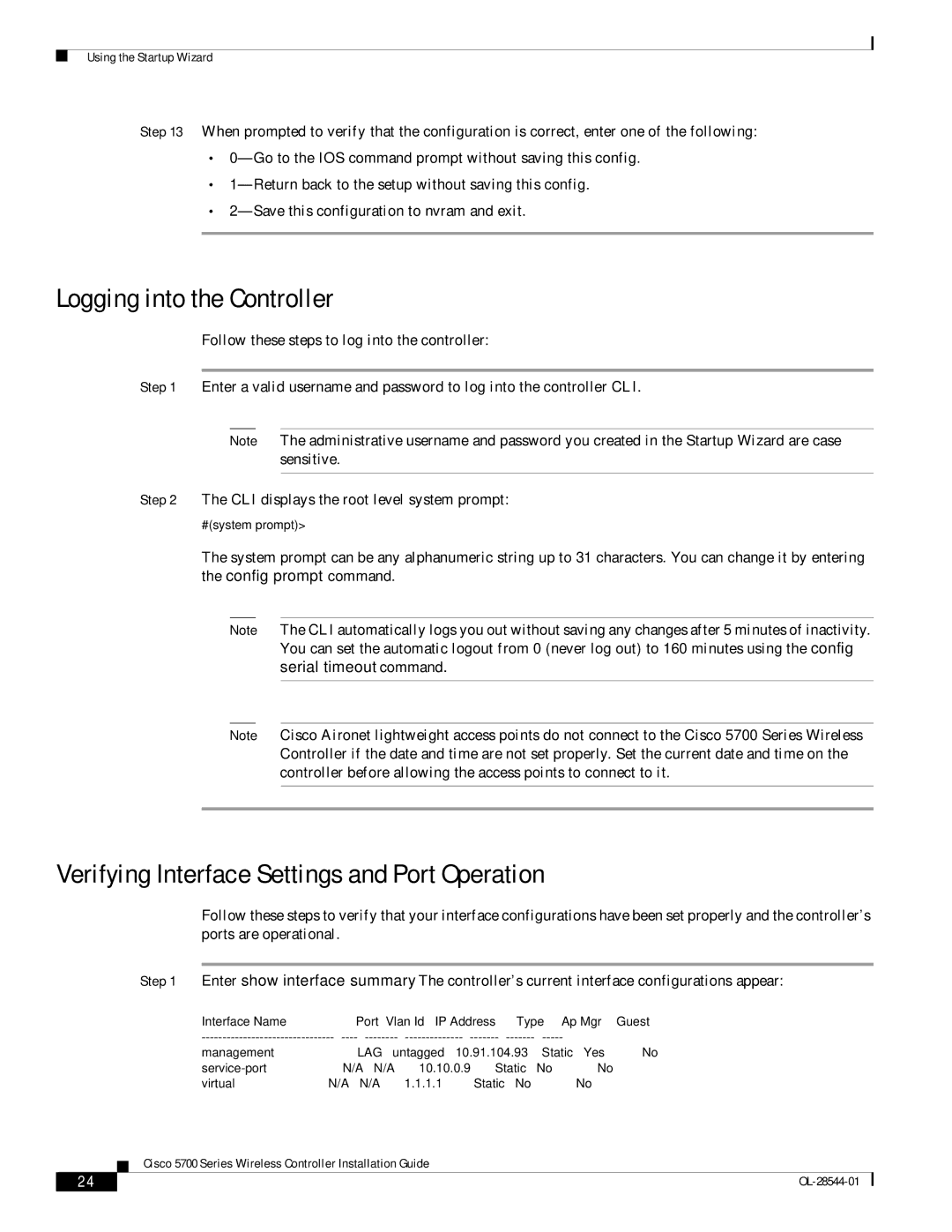 Cisco Systems AIRCT5760HAK9, AIRCT576025K9 Logging into the Controller, Verifying Interface Settings and Port Operation 