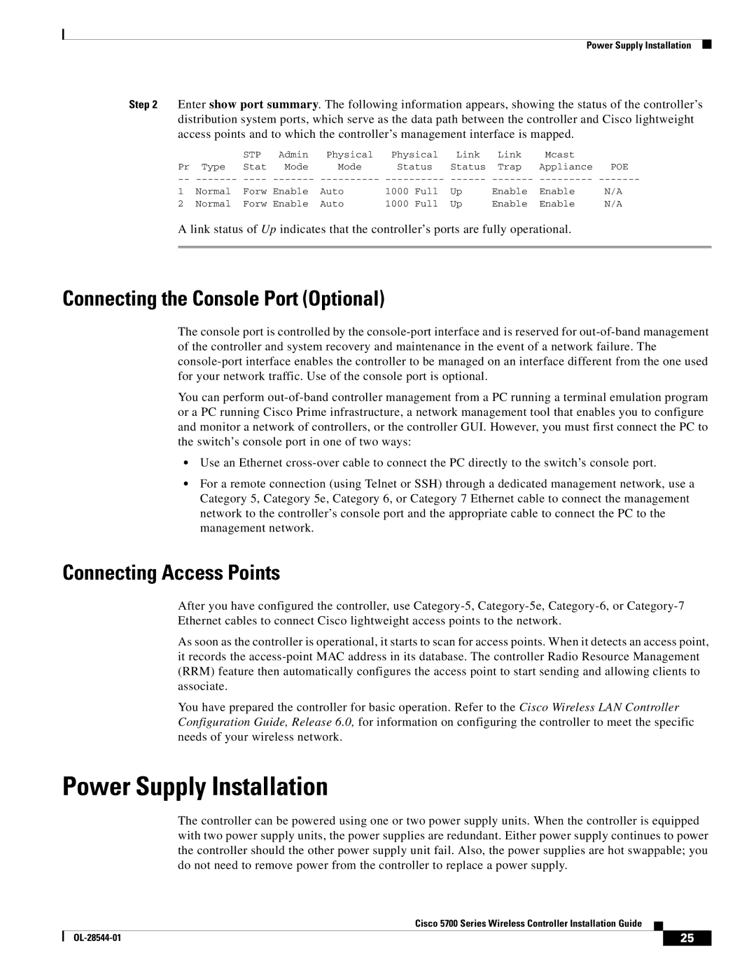 Cisco Systems AIRCT576025K9 Power Supply Installation, Connecting the Console Port Optional, Connecting Access Points 