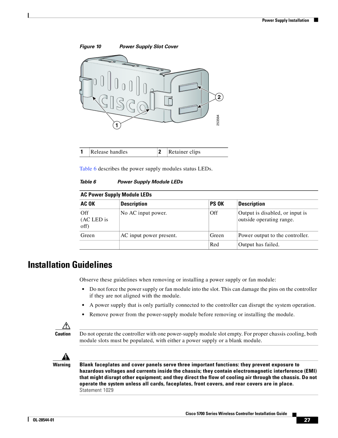 Cisco Systems AIRCT576025K9, AIRCT5760HAK9 specifications Installation Guidelines, AC Power Supply Module LEDs 