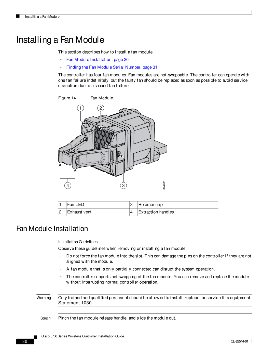 Cisco Systems AIRCT5760HAK9, AIRCT576025K9 Installing a Fan Module, Fan Module Installation, Installation Guidelines 