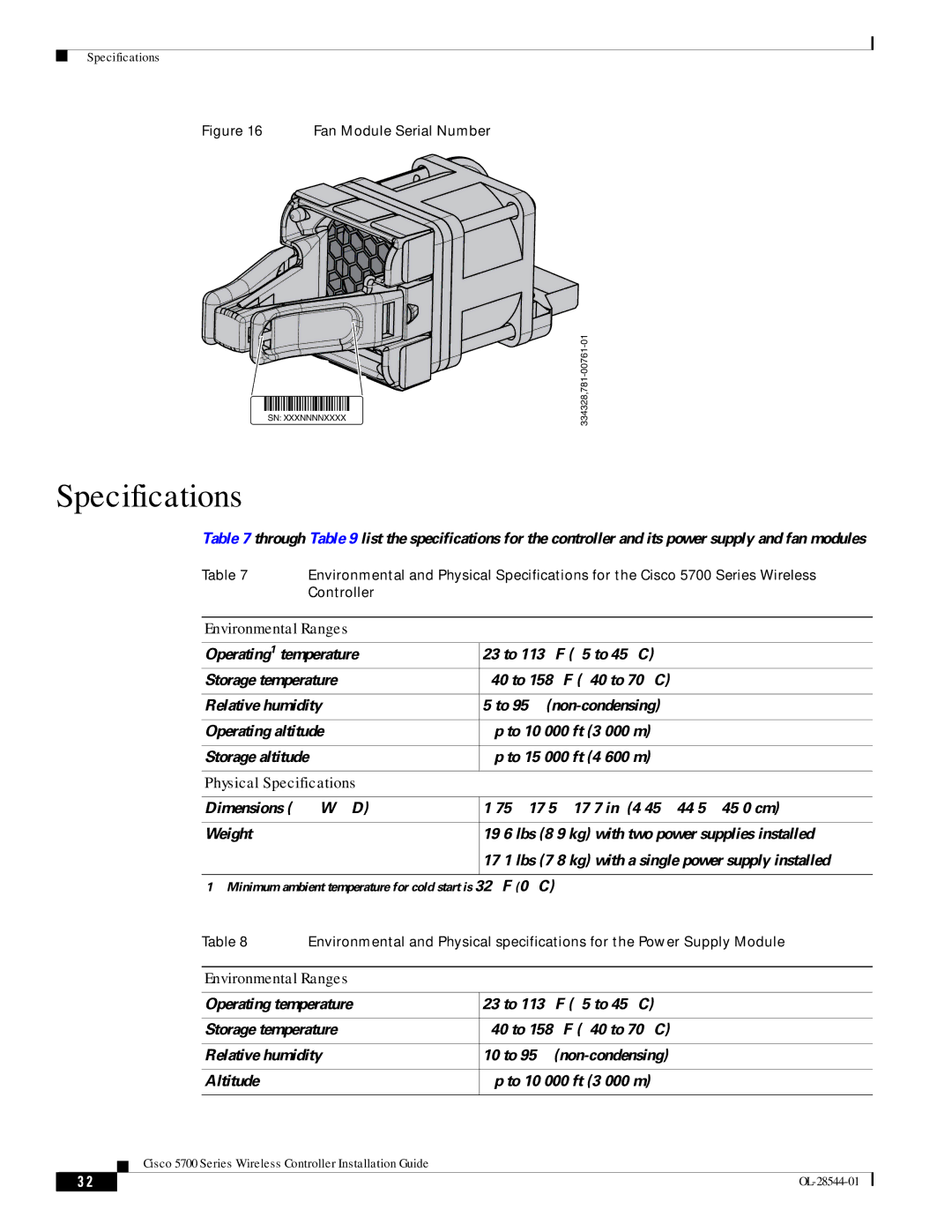 Cisco Systems AIRCT5760HAK9, AIRCT576025K9 specifications Environmental Ranges, Physical Specifications 