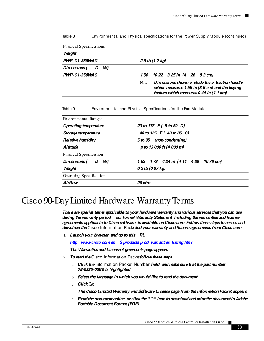 Cisco Systems AIRCT576025K9 Cisco 90-Day Limited Hardware Warranty Terms, PWR-C1-350WAC, Physical Specification 