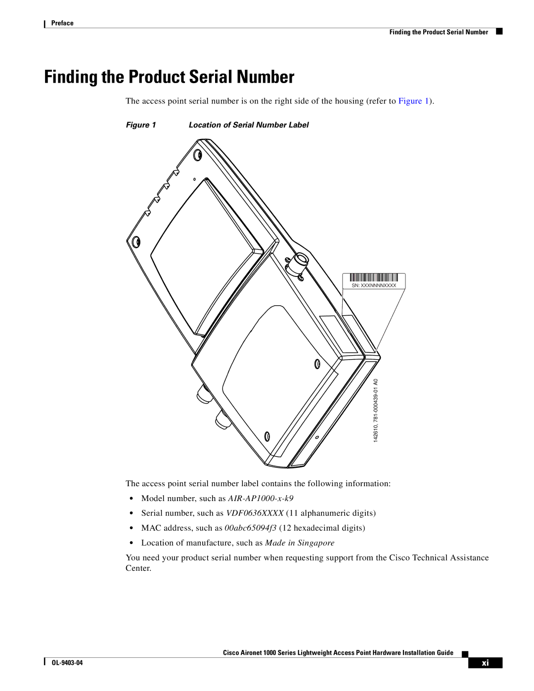 Cisco Systems AIRONET 1000 manual Finding the Product Serial Number 