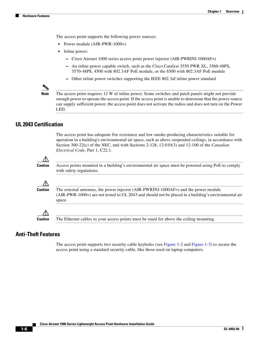 Cisco Systems AIRONET 1000 manual UL 2043 Certification 