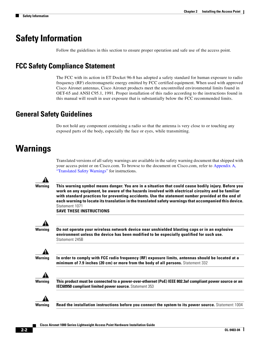 Cisco Systems AIRONET 1000 manual Safety Information, FCC Safety Compliance Statement, General Safety Guidelines 