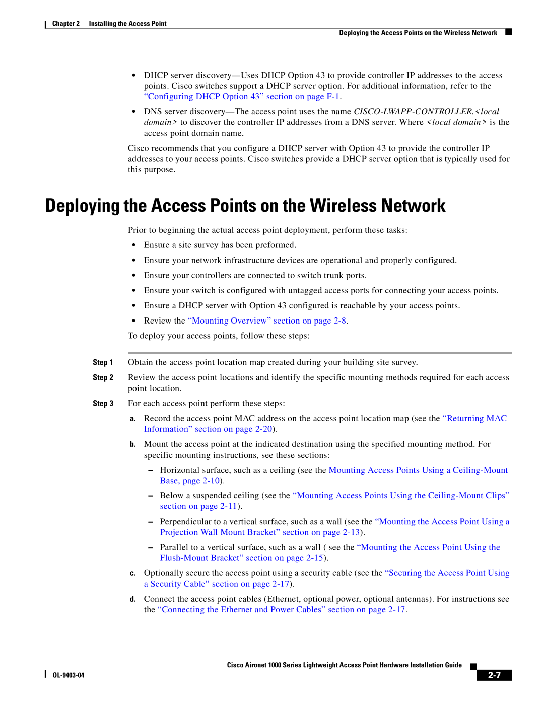 Cisco Systems AIRONET 1000 Deploying the Access Points on the Wireless Network, Review the Mounting Overview section on 