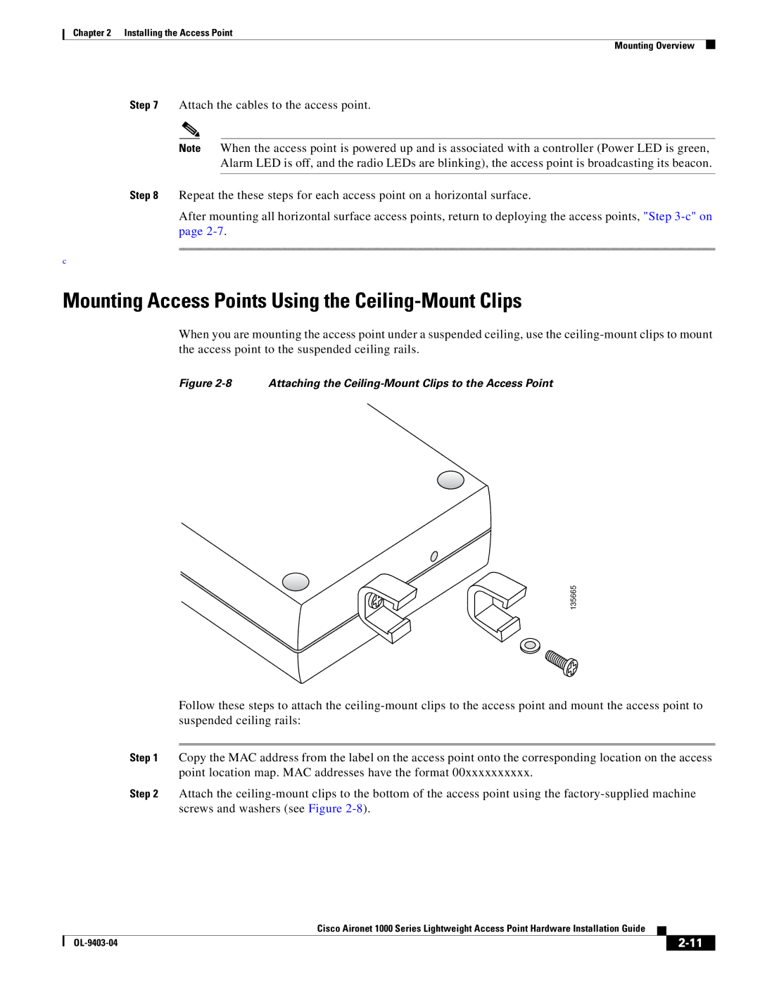 Cisco Systems AIRONET 1000 manual Mounting Access Points Using the Ceiling-Mount Clips 