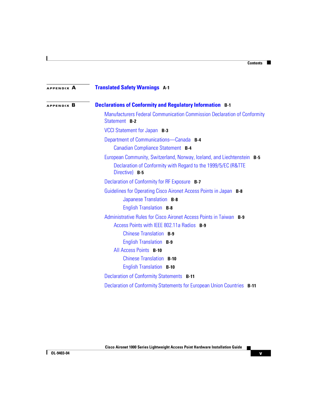 Cisco Systems AIRONET 1000 manual Declarations of Conformity and Regulatory Information B-1 