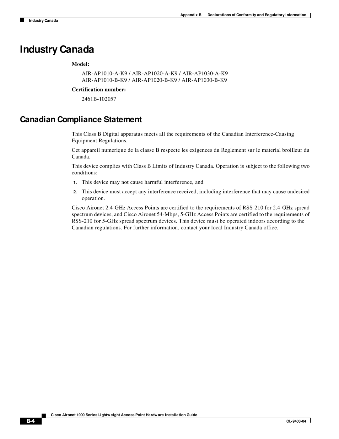 Cisco Systems AIRONET 1000 manual Industry Canada, Canadian Compliance Statement 