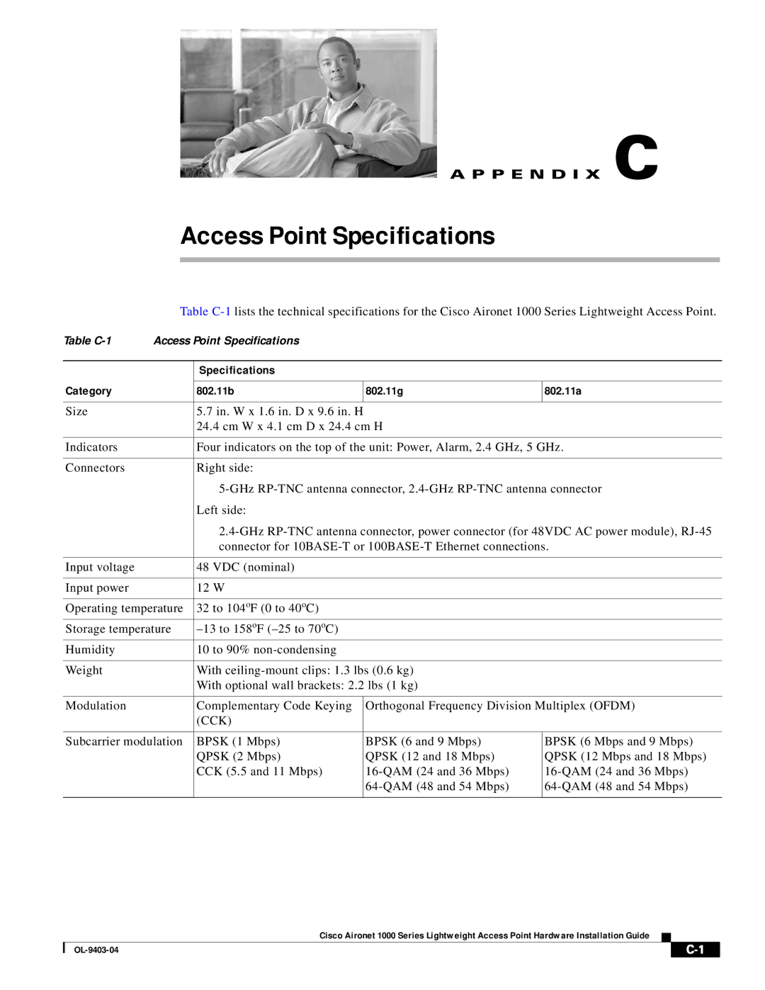 Cisco Systems AIRONET 1000 manual Access Point Specifications, Specifications Category 802.11b 802.11g 802.11a 