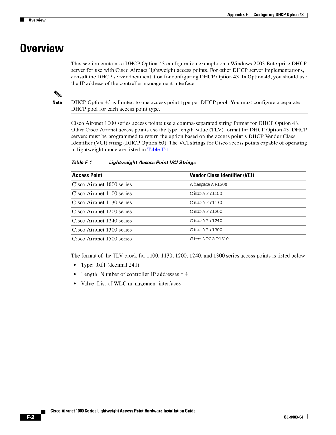 Cisco Systems AIRONET 1000 manual Overview, Access Point Vendor Class Identifier VCI 