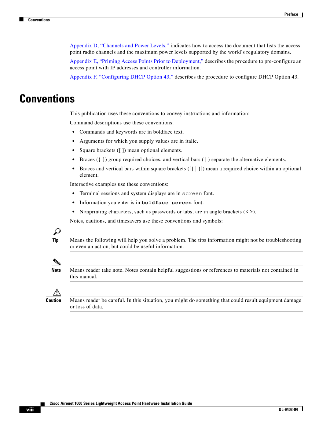 Cisco Systems AIRONET 1000 manual Conventions, Viii 