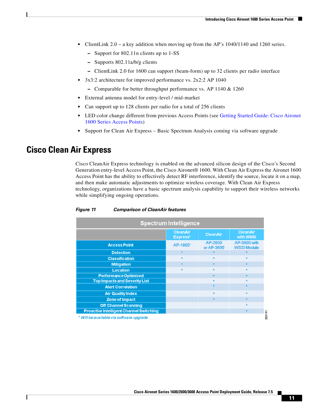 Cisco Systems AIRRM3000ACAK9 manual Cisco Clean Air Express, Comparison of CleanAir features 