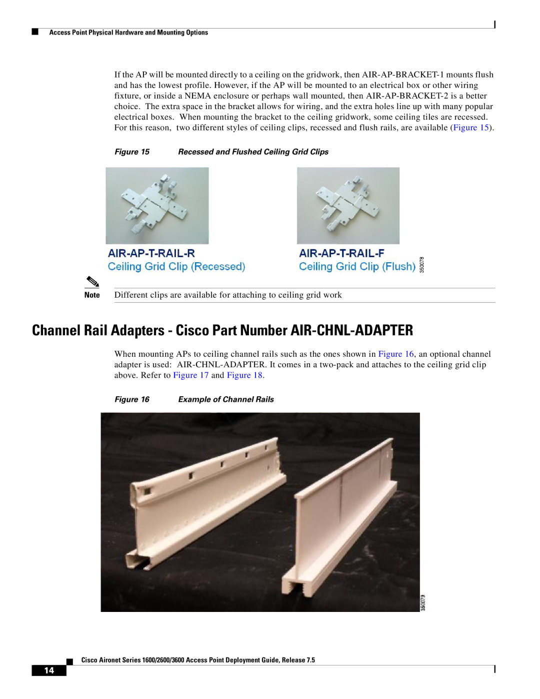 Cisco Systems AIRRM3000ACAK9 manual Channel Rail Adapters Cisco Part Number AIR-CHNL-ADAPTER 