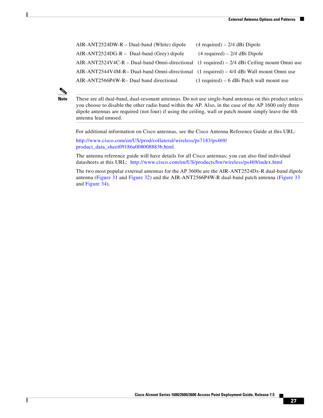 Cisco Systems AIRRM3000ACAK9 manual External Antenna Options and Patterns 