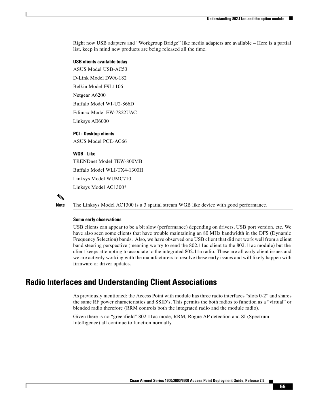 Cisco Systems AIRRM3000ACAK9 manual Radio Interfaces and Understanding Client Associations, USB clients available today 