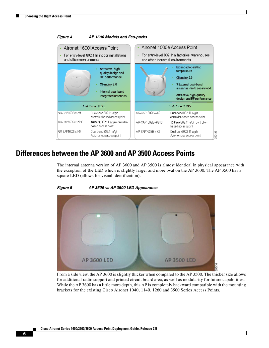 Cisco Systems AIRRM3000ACAK9 manual Differences between the AP 3600 and AP 3500 Access Points 