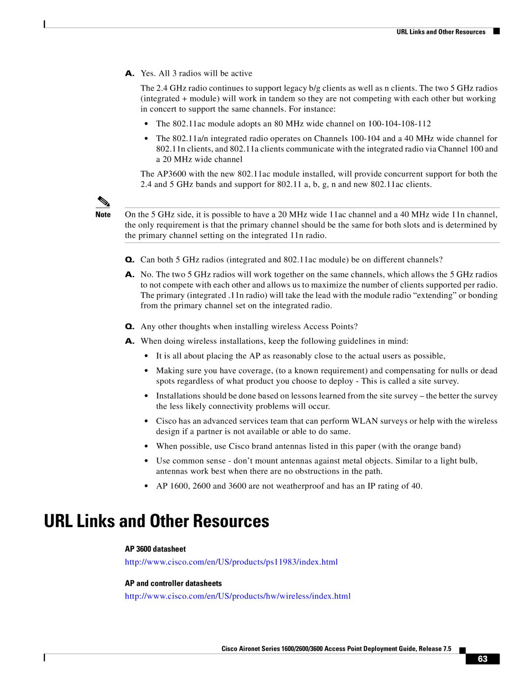 Cisco Systems AIRRM3000ACAK9 manual URL Links and Other Resources, AP 3600 datasheet AP and controller datasheets 