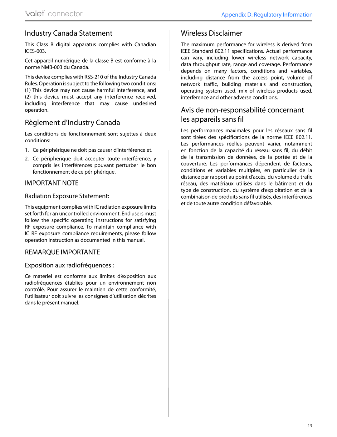 Cisco Systems AM10 manual Industry Canada Statement, Règlement d’Industry Canada, Wireless Disclaimer 