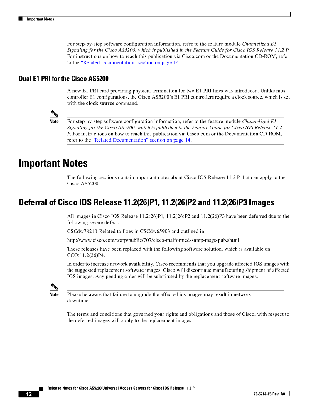 Cisco Systems manual Important Notes, Dual E1 PRI for the Cisco AS5200 