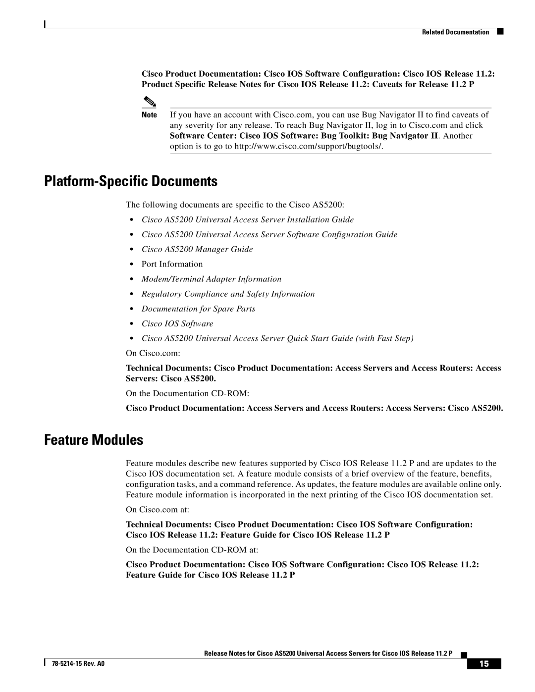 Cisco Systems AS5200 manual Platform-Specific Documents, Feature Modules 