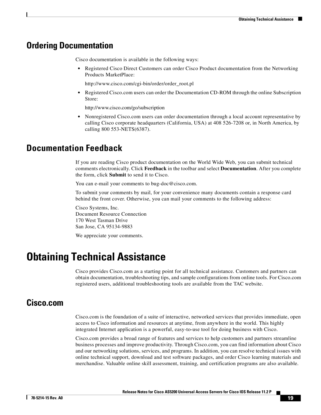 Cisco Systems AS5200 manual Obtaining Technical Assistance, Ordering Documentation, Documentation Feedback, Cisco.com 