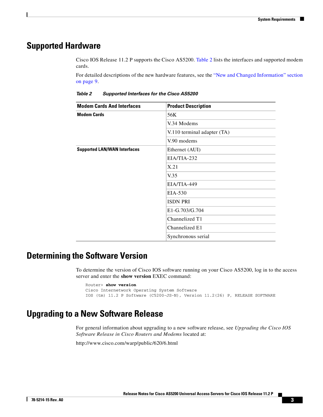 Cisco Systems AS5200 Supported Hardware, Determining the Software Version, Upgrading to a New Software Release, Isdn PRI 